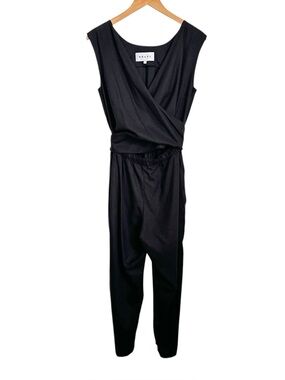 Selfi Womens Linen Sleeveless Wrap Jumpsuit Sz Small Black V Neck Elastic Waist